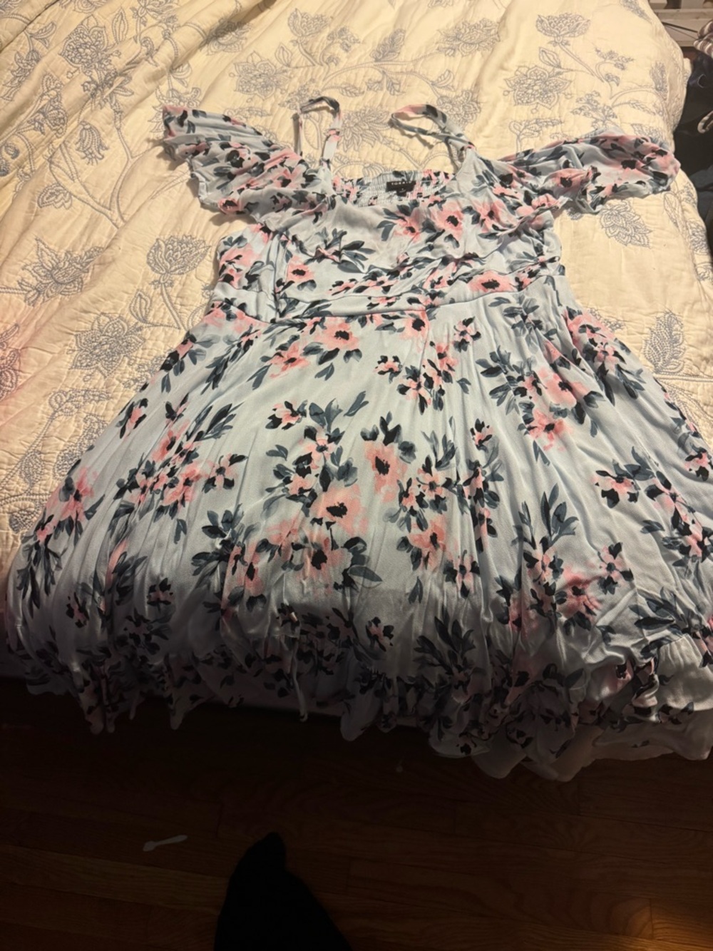 Torrid Light Blue Floral Off-Shoulder Dress with Pink Blooms